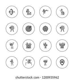 Aiming icon set. collection of 16 outline aiming icons with archery, dart board, hunt, hunter, paintball icons.