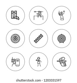 Aiming icon set. collection of 9 outline aiming icons with click, dart board, finger, hunt icons. editable icons.