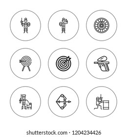 Aiming icon set. collection of 9 outline aiming icons with archery, dart board, hunter icons. editable icons.