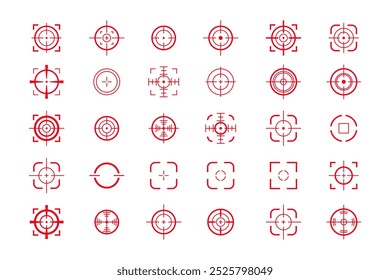 zielende Ikonenset, Jagd, Kamera, Spiel zielen im Umrissstil mit roter Farbe