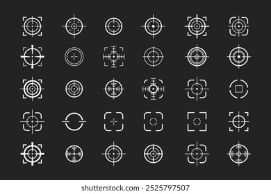 zielendes Icon Set, Zielvektor, Jagd, Kamera, Spiel zielen im Umrissstil mit weißer Farbe