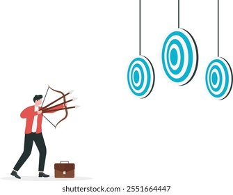 Aiming for many targets or goals in one shot, multitasking or multi purpose strategy, skillful businessman aiming multiple bows on three targets, achieve more in one time
