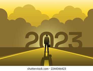 Aiming to reach new year goal, upcoming challenge or opportunity concept, Businessman standing on the road facing to 2023 ahead.