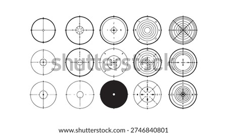 Aiming scopes, sniper sights, target icons, military crosshairs, gun sight, tactical