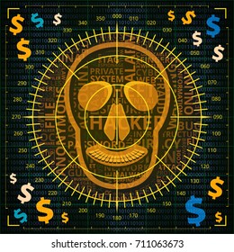 Aiming at skull with hacker related words on binary code background with dollar signs of orange and blue shades