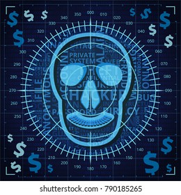 Aiming at skull with hacker related words on binary code background with dollar signs of blue shades