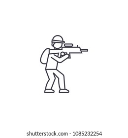 aiming soldier vector line icon, sign, illustration on background, editable strokes