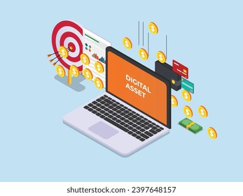 Aiming target digital asset growth on laptop computer 3d isometric vector concept for landing page, banner, illustration