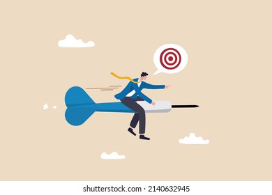 Aiming For Target Or Goal, Determination And Strategy To Reach Target And Achieve Business Success, Aspiration And Direction To Win And Victory, Confidence Businessman Riding Dart Aiming For Target.