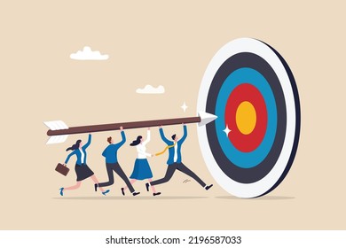 Aiming at target, reaching goal or achievement, team collaboration or partnership, teamwork or corporate mission concept, business man and woman, people help carry archery bow to hit target bullseye.