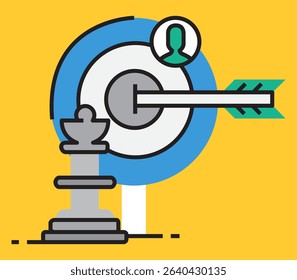 Aiming at target, reaching goal or achievement, team collaboration or partnership, teamwork or corporate mission concept, business man and woman, people help carry archery bow to hit target bullseye.