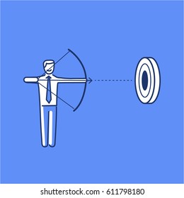 Aiming target. Vector business illustration of businessman with bow and arrow focusing on goal | modern flat design linear concept icon and infographic on blue background