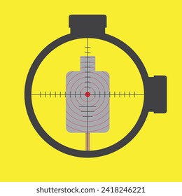 Aiming target via telescope yellow background, coach and sport practice or business purpose hit goal, winner port motivation purpose, vector flat design editable shape and object copy space for text