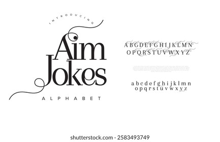 Aimjokes typography beauty fashion elegant minimalist serif italic fonts decorative wedding vintage retro logos. Minimal luxury font alphabet logo. Vector illustration