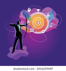 Aims and Objectives target, Failures, and incorrect attempts, Unable to decide which target to shoot at, Businessperson with bow and arrow. Vector illustration.