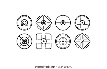 Aims Set Icon. Target, Goal, Achieve, Targeting, Audience Analytics, Planning, Schedule, Businessman, Analysis, Customer Acquisition. Business Concept. Vector Line Icon For Business And Advertising.