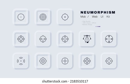 Aims set icon. Target, targetologist, work, audience, look for clients, employee, businessman. Business concept. Neomorphism style. Vector line icon for Business and Advertising.
