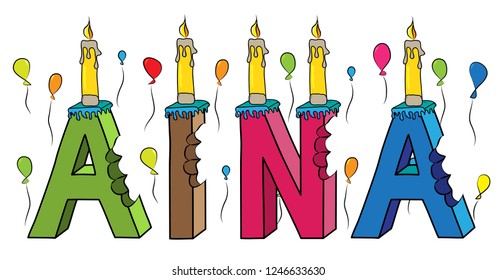 Aina female first name bitten colorful 3d lettering birthday cake with candles and balloons.