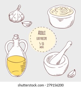 Aioli sauce illustration in vector. Hand drawn food ingredients garlic, olive oil and porcelain mortar with pestle