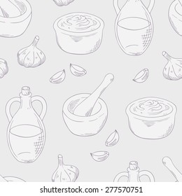 Aioli sauce outline seamless pattern. Kitchen vector illustration. Sketched food background