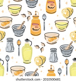 Aioli sauce seamless pattern with ingredients garlic, olive oil, porcelain mortar and pestle on white background. Cuisine vector illustration. Sketched food background. Vector illustration