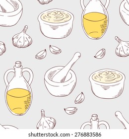 Aioli sauce seamless pattern with ingredients garlic, olive oil, porcelain mortar and pestle. Cuisine vector illustration. Sketched food background
