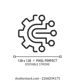 AIOps pixel perfect linear icon. Artificial intelligence for it operations. Automated process. Machine learning. Thin line illustration. Contour symbol. Vector outline drawing. Editable stroke