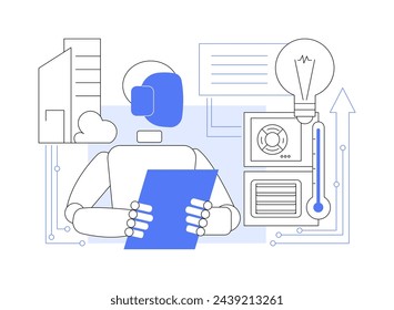 Ilustración abstracta del vector del concepto de gestión energética de edificios optimizada con IA. Energía. Los sistemas para control de HVAC, iluminación y electrodomésticos optimizan el uso de energía. Tecnología AI. metáfora abstracta.