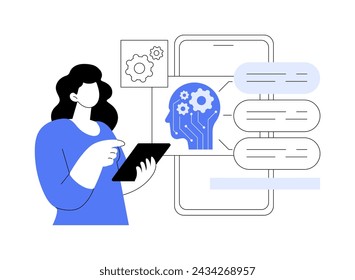 Ilustración abstracta del vector del concepto de operaciones del centro de llamadas optimizadas por IA. Atención al cliente. Enrutamiento de llamadas, monitorización de la calidad de las llamadas, eficiencia del centro de llamadas. Tecnología AI. metáfora abstracta.