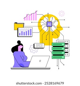 ILUSTRACIÓN VECTORIAL de concepto abstracto de soluciones de gestión de datos optimizadas por IA. Análisis de datos. Optimice el almacenamiento de datos, la recuperación y los sistemas de gestión. AI Tecnología. metáfora abstracta.