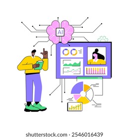 ILUSTRACIÓN VECTORIAL de concepto abstracto de análisis de datos de recursos humanos optimizado por IA. Recursos Humanos. Obtenga información sobre las tendencias de la fuerza laboral y las decisiones de recursos humanos basadas en datos. AI Tecnología. metáfora abstracta.