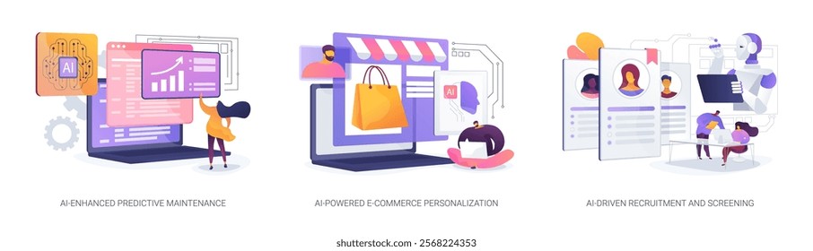 AI-optimized soft and apps abstract concept vector illustration set. AI-Enhanced Predictive Maintenance, AI-Powered E-commerce Personalization, AI-Driven Recruitment and Screening abstract metaphor.