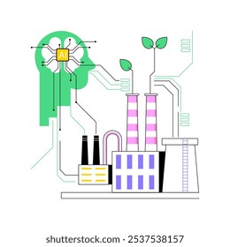 ILUSTRACIÓN VECTORIAL de concepto abstracto de sostenibilidad optimizada por IA. Fabricación. Haga que los procesos de fabricación sean más sostenibles desde el punto de vista medioambiental con conocimientos de IA. AI Tecnología. metáfora abstracta.