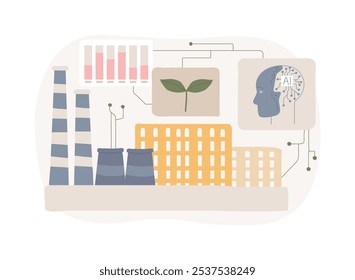 ILUSTRACIÓN VECTORIAL de concepto abstracto de sostenibilidad optimizada por IA. Fabricación. Haga que los procesos de fabricación sean más sostenibles desde el punto de vista medioambiental con conocimientos de IA. AI Tecnología. metáfora abstracta.