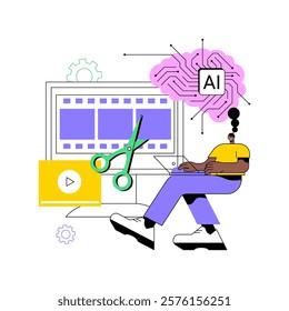 AI-Optimized Video Editing abstract concept vector illustration. Art and Creativity. Edit videos with AI tools for effects, transitions, and automated tagging. AI Technology. abstract metaphor.