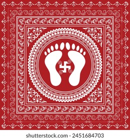 Aipan Design pattern for india festival vector red and white color	And footprints of Lakshmi Mata. svg