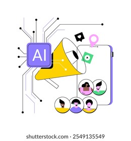 AI-Ilustración vectorial de concepto abstracto de campañas de relaciones públicas personalizadas. Relaciones públicas. Campañas personalizadas para grupos demográficos específicos utilizando información basada en IA. AI Tecnología. metáfora abstracta.