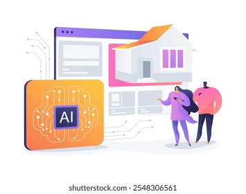 AI-Ilustración vectorial de concepto abstracto de recomendaciones de propiedad personalizadas. Inmobiliaria. Ofrecer sugerencias de propiedades al cliente mediante el análisis de sus preferencias. AI Tecnología. metáfora abstracta.