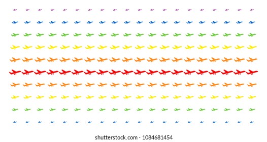Aiplane icon spectral halftone pattern. Vector symbols organized into halftone array with vertical spectrum gradient. Designed for backgrounds, covers, templates and abstract concepts.