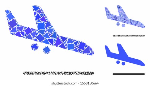 Aiplane landing mosaic of tuberous pieces in different sizes and color tones, based on aiplane landing icon. Vector ragged pieces are grouped into collage.