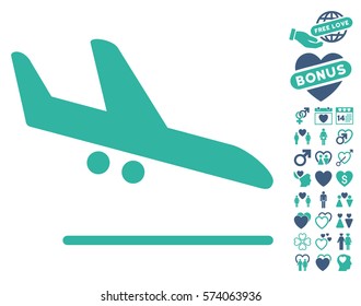 Aiplane Landing pictograph with bonus lovely design elements. Vector illustration style is flat iconic cobalt and cyan symbols on white background.