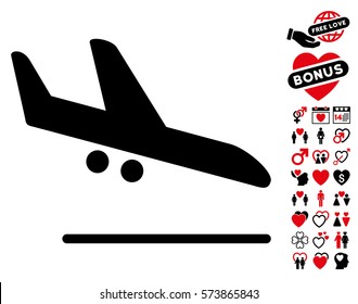 Aiplane Landing pictograph with bonus valentine pictograph collection. Vector illustration style is flat iconic intensive red and black symbols on white background.