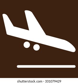 Aiplane Landing vector icon. Style is flat white symbol, rounded angles, brown background.