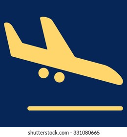 Aiplane Landing vector icon. Style is flat yellow symbol, rounded angles, blue background.