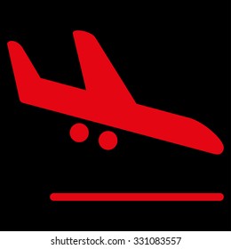 Aiplane Landing vector icon. Style is flat red symbol, rounded angles, black background.