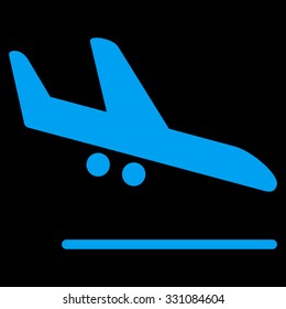 Aiplane Landing vector icon. Style is flat blue symbol, rounded angles, black background.