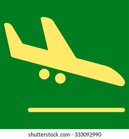 Aiplane Landing vector icon. Style is flat yellow symbol, rounded angles, green background.