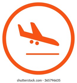 Aiplane Landing vector icon. Style is flat circled symbol, orange color, rounded angles, white background.