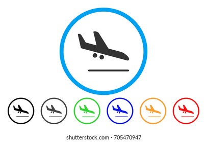 Aiplane Landing vector rounded icon. Image style is a flat gray icon symbol inside a blue circle. Bonus color versions are gray, black, blue, green, red, orange.