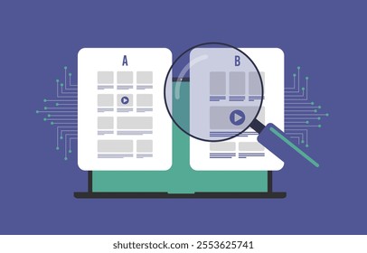 AI-Powered AB Testing for Marketing Campaigns. Automatically test multiple versions of ads or landing pages with AI to find most effective. A B test metrics being analyzed by AI, vector Illustration